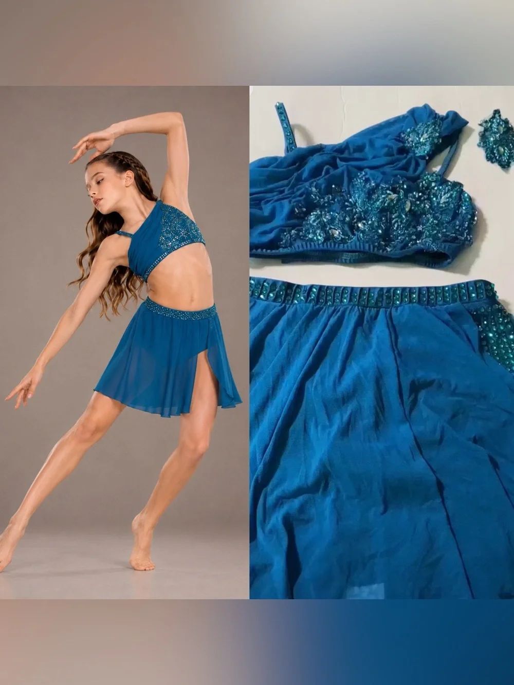 Rare Glamour competition solo 2 piece dance costume teal lyrical MA adult